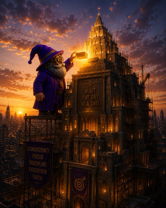 A giant wizard in purple robes places a glowing brick atop a towering Gothic castle inscribed "BUILT ONE DAY AT A TIME," while a banner below lists "CONSISTENCY, FOCUS, DISCIPLINE, EXECUTION, FAITH," symbolizing the steady, brick-by-brick approach to holding $STKR ("Stkr") bags in a long-term crypto position.