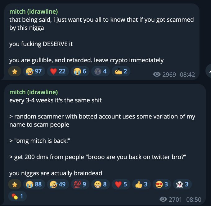 Two Discord messages from user 'mitch (idrawline)' venting frustration about recurring scammers impersonating his name to scam crypto users, with one message reading 'that being said, i just want you all to know that if you got scammed by this nigga you fucking DESERVE it' and the other explaining how bots use variations of his name every 3-4 weeks.