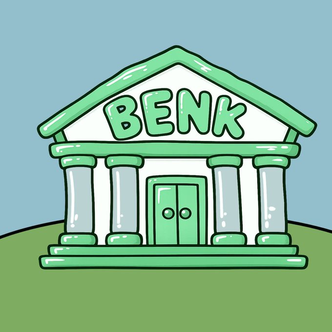 A cartoon-style illustration of a green and white bank building with the word "BENK" displayed prominently on the pediment, sitting on a grassy hill under a blue sky. The image visually represents the $BENK token's fee-distribution and buyback system described in the post, symbolizing the project's function as a treasury or "bank" that collects creator fees to reward holders, buy $ANSEM, and burn $BENK.