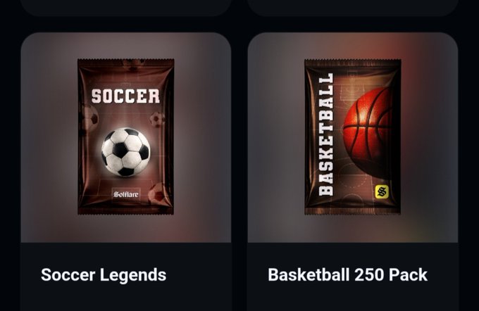 Two digital card packs displayed side by side: 'Soccer Legends' featuring a soccer ball, and 'Basketball 250 Pack' featuring a basketball.