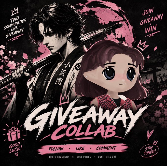 A giveaway collaboration graphic in black and pink features an illustrated samurai warrior alongside a chibi-style anime character with purple hair, surrounded by decorative text reading "TWO COMMUNITIES ONE GIVEAWAY," "JOIN GIVEAWAY WIN," "GIVEAWAY COLLAB," and call-to-action prompts including "FOLLOW," "LIKE," "COMMENT," "GOOD LUCK!" and "STAY TUNED!"—promoting a $50 SOL prize giveaway for @miladydegens followers.