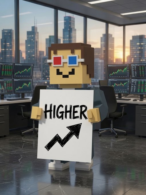 A Minecraft-style blocky character wearing 3D glasses and holding a sign that reads "HIGHER" with an upward-trending arrow, standing in a modern office with multiple monitors displaying stock charts and a city skyline at sunset.
