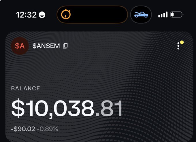 The image shows a Robinhood portfolio displaying a balance of $10,038.81 for the ticker $ANSEM, currently down $90.02 (-0.89%). It appears to be a screenshot shared in response to a mention about onboarding people into the $ANSEM token, showcasing the user's holdings in the meme coin.