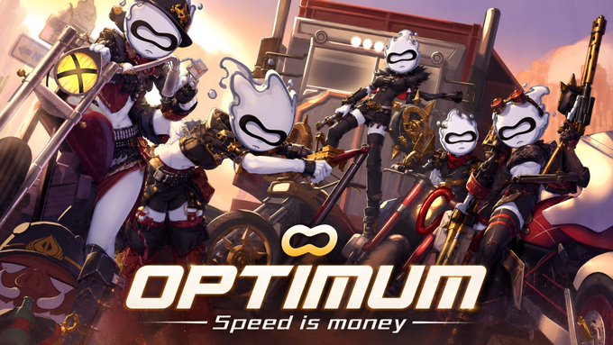 A promotional banner for 'OPTIMUM - Speed is Money' featuring stylized anime/mascot characters in cowboy attire with weapons, set against a sunset backdrop with a truck.