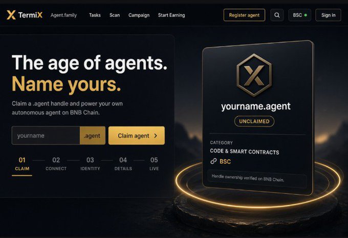 A TermiX webpage promotes claiming personalized BNB Chain agent handles. Visible text includes “The age of agents. Name yours,” “yourname.agent,” and “UNCLAIMED,” with BSC selected.