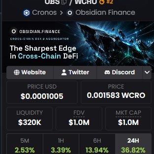 Crypto coin listing for OBSIDIAN FINANCE on the Cronos chain, showing the WCRO ticker, a cross-chain DeFi aggregator tagline, and metrics including a $0.0001005 price, $320K liquidity, and a 24H gain of 36.82%.