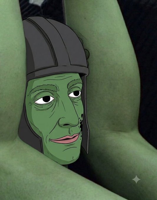 A green-skinned figure wearing a dark helmet stares out from between two large green orbs, with a small sparkle visible in the corner. The image humorously depicts the "POV: you are about to rug a single mother" caption, portraying the man's face caught between a woman's breasts as a surreal, absurd visual metaphor.