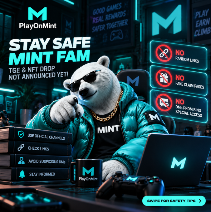 PlayOnMint promotional graphic featuring a bear mascot in sunglasses and a teal jacket, with text 'STAY SAFE MINT FAM - TGE & NFT DROP NOT ANNOUNCED YET!' and safety tips warning against random links, fake claim pages, and suspicious DMs.
