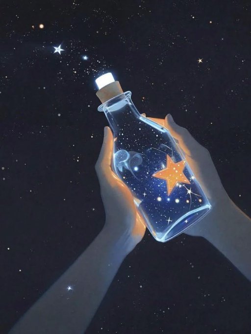 An illustration of hands holding a glass bottle containing a glowing starry galaxy against a starry night background.