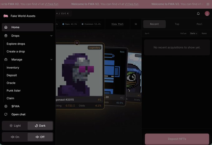 Screenshot of the FWA V2 (Fake World Assets) NFT platform interface showing a pixelated astronaut NFT card marked 'Legendary' with rarity stats of 'Rare 42.1%' and 'Common 53.4%', alongside a 'View Pool' menu and sidebar options including Home, Drops, Manage, Inventory, Deposit, Oracle, Punk lister, and Claim.