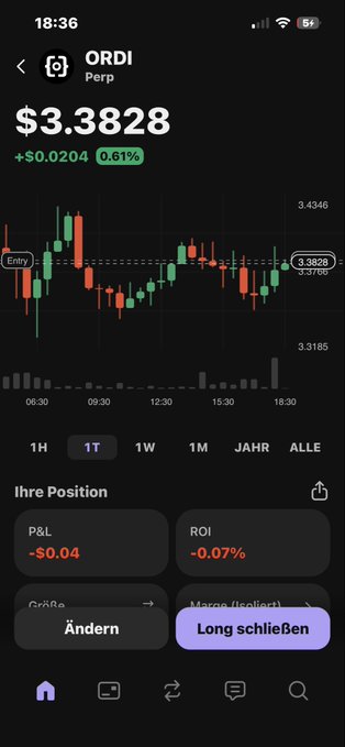 The image features an iPhone screen with its home button located at the top left corner of the device, indicating that the phone is turned off or not currently active. Below this button, there is text displayed on the screen in a foreign language (German), possibly representing currency or financial information related to an online trading service such as Ordi. The image also includes several different graphs and charts within the viewport area, which could represent historical price data for a particular stock or cryptocurrency. A small purple square with a button on it is located near the bottom of the screen, likely used to navigate through these visual elements more easily.