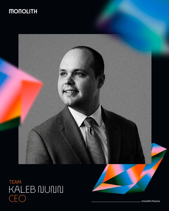 A professional team introduction card for Monolith Finance features a black-and-white portrait of Kaleb Nunn, identified as the CEO, alongside colorful geometric graphics.