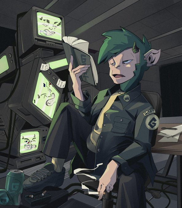 An illustrated scene of a green-haired, elf-eared character wearing a 'GORT' uniform, sitting among vintage computer monitors and reading a book marked with a 'G' symbol.