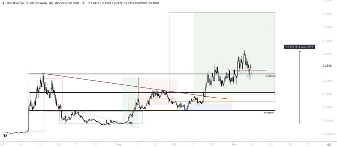 A 4-hour CASHCAT/WETH chart on Uniswap shows the token's price consolidating tightly above a key range high near $0.26, with technical markings of a descending trendline breakout and resistance zones, supporting the post's bullish thesis that CASHCAT (the "OG meme") is poised for a rally amid broader meme coin momentum on Robinhood.