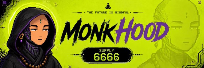 A vibrant green and purple promotional graphic for 'MONKHOOD' NFT collection featuring a hooded character with the tagline 'THE FUTURE IS MINDFUL' and 'SUPPLY 6666'.