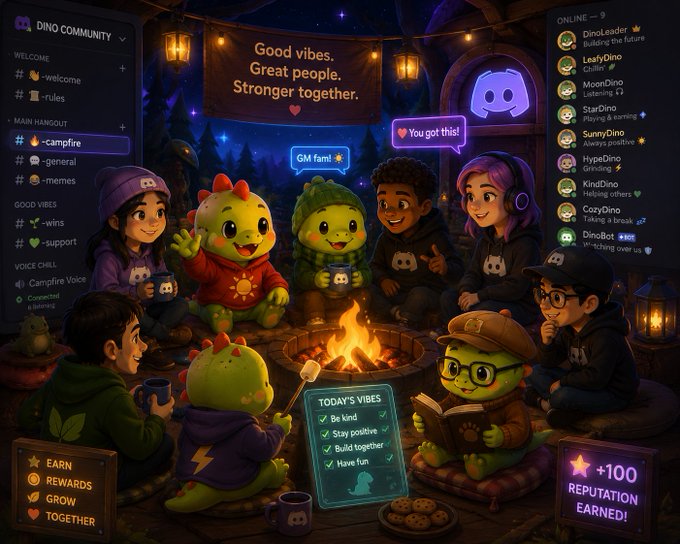 AI-generated Discord interface mockup for 'DINO COMMUNITY' showing cartoon dinosaurs and humans gathered around a campfire with the banner 'Good vibes. Great people. Stronger together.', along with a reputation notification '+100 REPUTATION EARNED!'.
