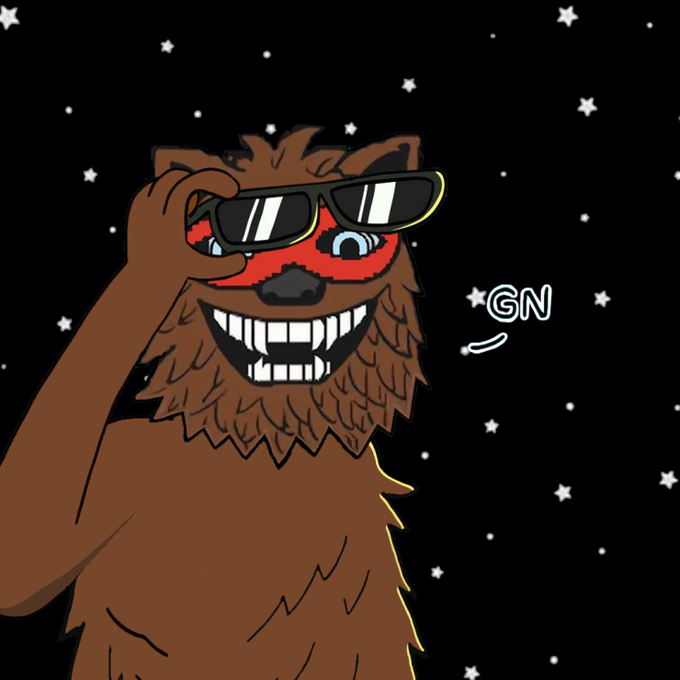 A cartoon illustration of a brown bear wearing sunglasses and a red mask, grinning widely against a starry night sky with the text 'GN'.