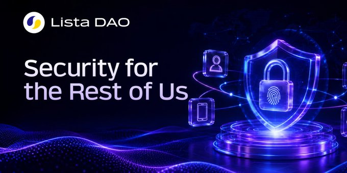 A promotional graphic for Lista DAO featuring the tagline 'Security for the Rest of Us' with an illustration of a shield and padlock icon.