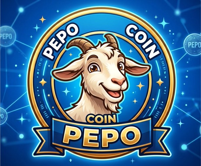 A circular, gold and blue emblem for "PEPO COIN" featuring a cartoon illustration of a smiling white goat in the center, set against a blue background with network lines.