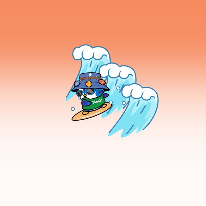 A cartoon illustration of a small character wearing a blue hat with goggles and a green shirt reading 'PUDGY' surfing on a board through blue waves against a peach gradient background.