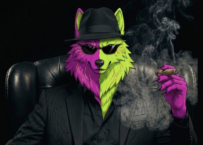 A stylized, digitally illustrated anthropomorphic wolf character wearing a black fedora, sunglasses, and a pinstripe suit, holding a smoking cigar with magenta and green neon accents.
