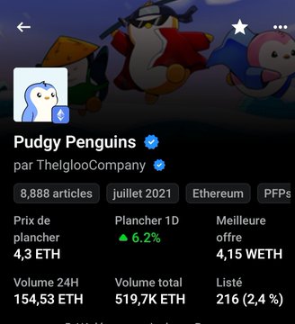 A screenshot of the Pudgy Penguins NFT collection page by TheIglooCompany, showing 8,888 articles, July 2021, Ethereum blockchain, with a floor price of 4.3 ETH and 24H volume of 154.53 ETH.