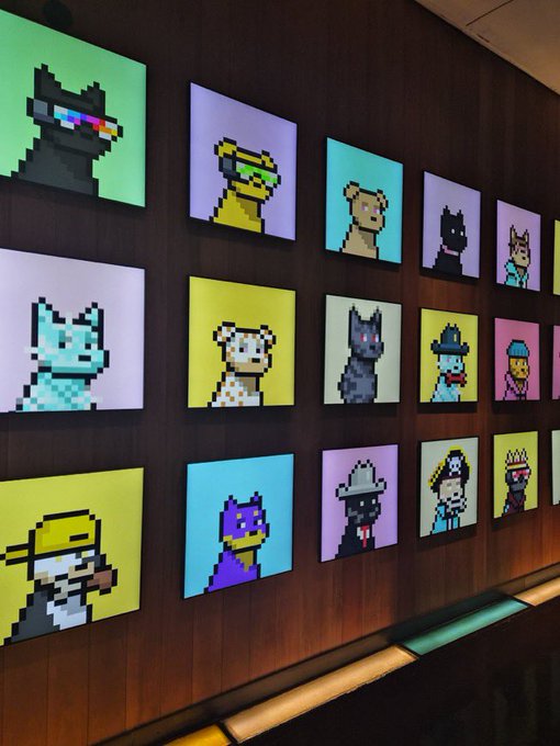 A wall display of colorful pixel art canvases featuring various CryptoPunks-style characters including a rainbow-sunglasses figure, a dog, an alien, and other 8-bit avatars.