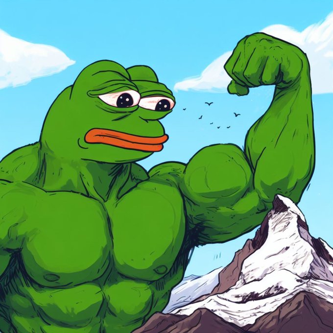 An illustration of a muscular green frog-like humanoid flexing its bicep while standing on a snow-capped mountain under a blue sky.