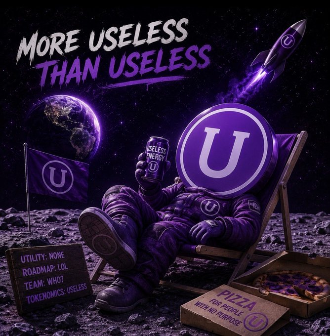 An astronaut with a "U" logo lounges on a moon-like surface in a deck chair, holding a can labeled "USELESS ENERGY," next to a cardboard sign reading "UTILITY: NONE, ROADMAP: LOL, TEAM: WHO?, TOKENOMICS: USELESS," with "MORE USELESS THAN USELESS" displayed above Earth and a rocket, reinforcing the post's mocking theme of "$USELESS PURPLESS."