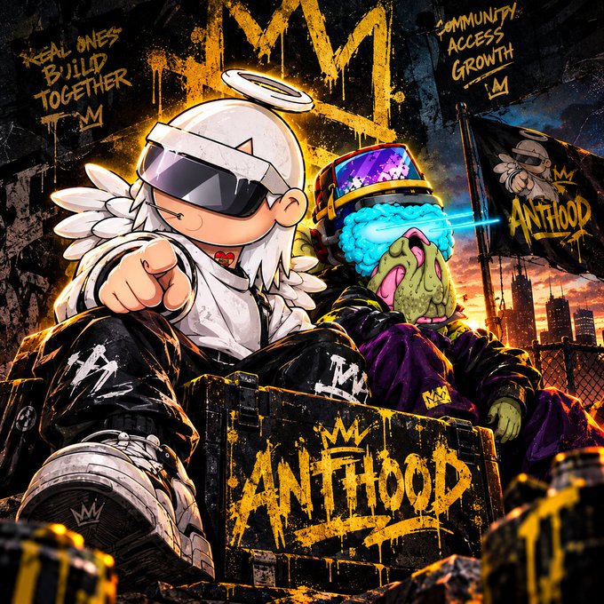 Stylized artwork featuring two cartoon characters in urban streetwear with the text "REAL ONES BUILD TOGETHER," "COMMUNITY ACCESS GROWTH," and "ANTHOOD."