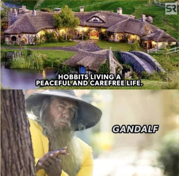 A two-panel meme showing hobbit houses in a green landscape captioned 'HOBBITS LIVING A PEACEFUL AND CAREFREE LIFE.' above an image of the character Gandalf from Lord of the Rings wearing a yellow outfit with the caption 'GANDALF'.