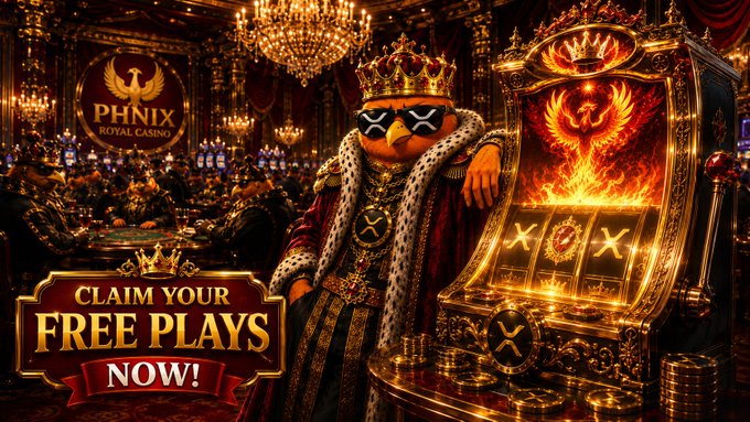 A promotional banner for 'Phnix Royal Casino' features a crowned, sunglasses-wearing eagle mascot in royal robes next to a flaming phoenix slot machine, with a 'Claim Your Free Plays Now!' call-to-action button.