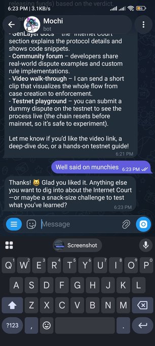 A screenshot of a Telegram chat showing a bot named "Mochi" outlining developer resources like community forums, testnet playgrounds, and code walkthroughs. The accompanying message is cut off mid-sentence, likely expressing the user's realization that optimistic democracy works similarly to optimistic rollups.