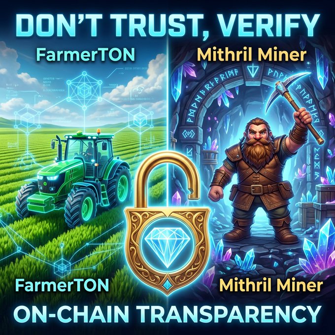A promotional graphic for "FarmerTON" and "Mithril Miner" featuring a green tractor in a field and a dwarf miner, with the text "DON'T TRUST, VERIFY" and "ON-CHAIN TRANSPARENCY" alongside a padlock icon.