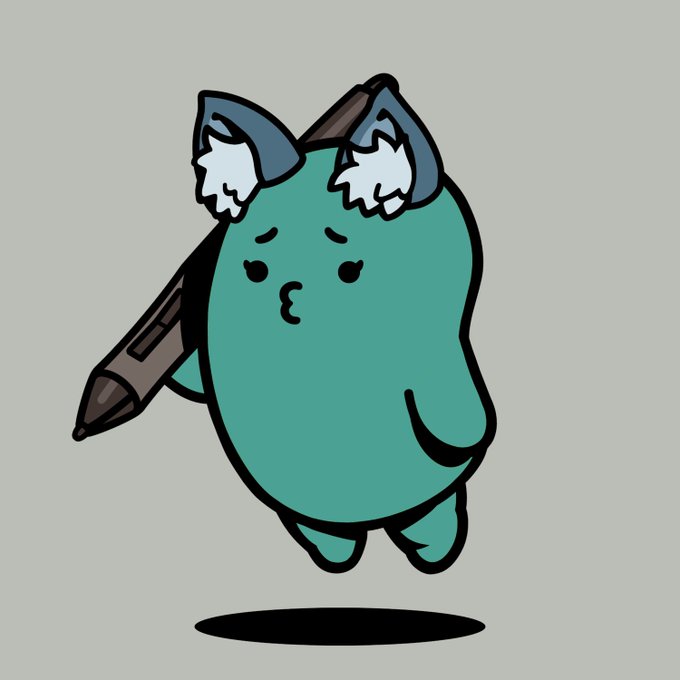 A simple cartoon drawing of a round teal creature with a pouty face, carrying two pens or markers on its back, floating above a black shadow.