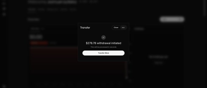 A modal confirmation dialog reads "Transfer — $276.78 withdrawal initiated. This will be processed in seconds," with a "Transfer More" button, illustrating the author's successful fund withdrawal from the Cascade dashboard.