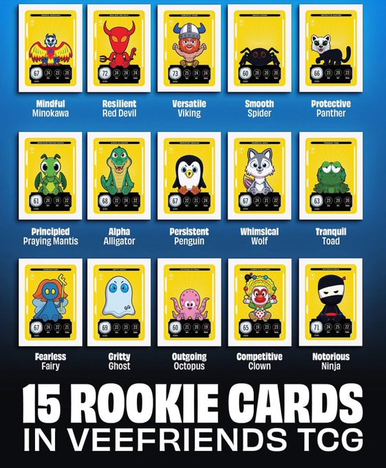 A promotional image titled '15 ROOKIE CARDS IN VEEFRIENDS TCG' displaying a grid of character cards including Mindful Minokawa, Resilient Red Devil, Versatile Viking, Smooth Spider, Protective Panther, Principled Praying Mantis, Alpha Alligator, Persistent Penguin, Whimsical Wolf, Tranquil Toad, Fearless Fairy, Gritty Ghost, Outgoing Octopus, Competitive Clown, and Notorious Ninja.