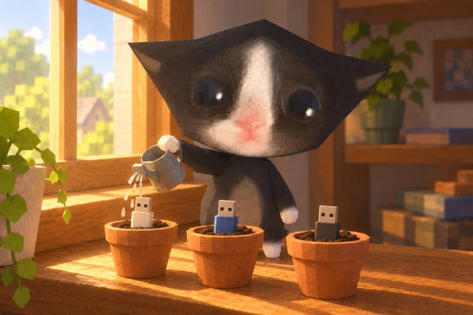 A whimsical 3D-rendered scene of a tuxedo cat watering USB drives planted in terracotta pots like flowers, set on a sunny windowsill.