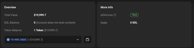 A cryptocurrency dashboard interface showing an Overview section with Total Value $19,999.7, SOL Balance 0, Token Balance 1 Token, and a More info section indicating "isOnCurve: TRUE" with 0 SOL stake.