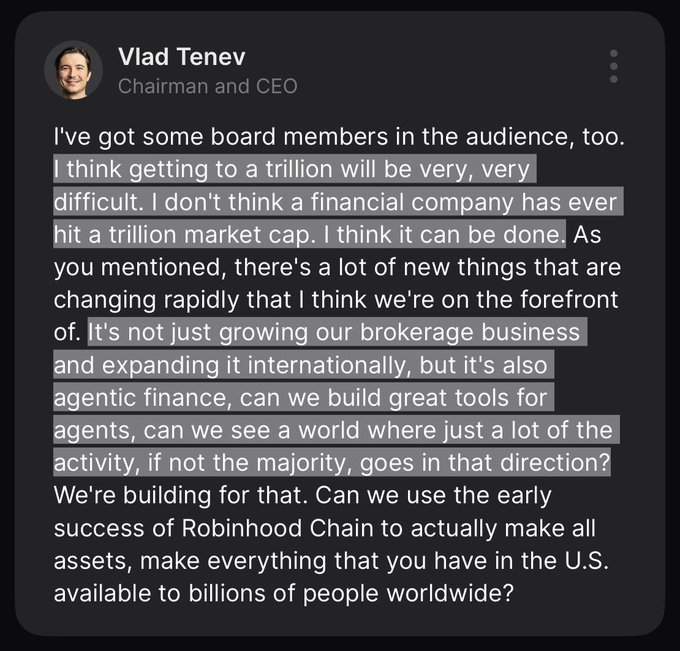 Vlad Tenev, Chairman and CEO, discusses Robinhood's ambitious goal of reaching a trillion-dollar market cap, emphasizing growth in brokerage, international expansion, and the development of agentic finance tools. He highlights leveraging Robinhood Chain to make all U.S. assets globally available, aligning with the post's vision of Base as a trillion-dollar chain serving global citizens.