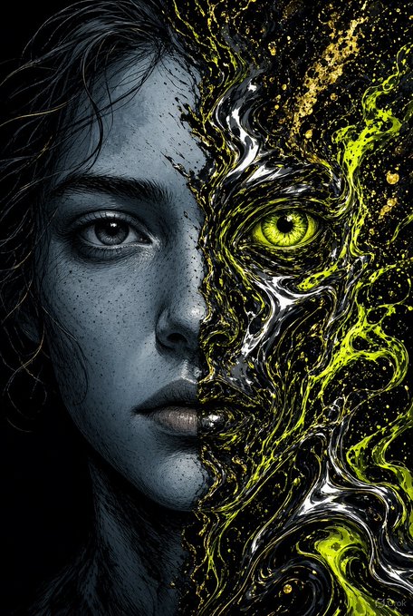 A dark artistic illustration of a woman's face split between a normal blue-tinted left side and a corrupted, glowing green and black right side with a striking green eye.