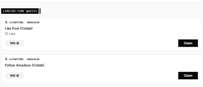 A limited-time quests interface showing X (Twitter) tasks including 'Like Post (Collab)' and 'Follow Amadeus (Collab)', each offering 100 points and ending in 5 days.