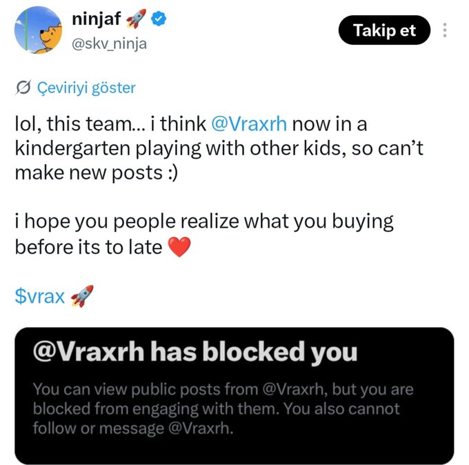 A Twitter/X post from user @ninjaf (@skv_ninja) with the text 'lol, this team... i think @Vraxrh now in a kindergarden playing with other kids, so can't make new posts :) i hope you people realize what you buying before its to late ❤️' along with the ticker $vrax, and a notice that @Vraxrh has blocked the user.