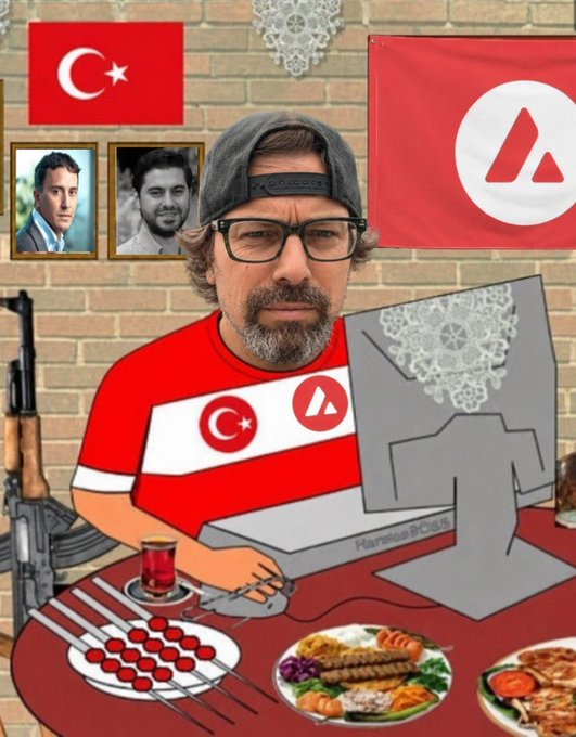 A cartoon-style illustration shows a man with glasses at a desk displaying Turkish flags (one with the Avax logo), with computer monitors showing Arabic script, surrounded by plates of food and an AK-47.