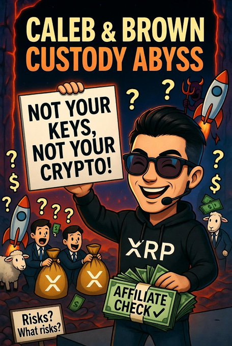 A cartoon meme titled 'CALEB & BROWN CUSTODY ABYSS' depicting a man in an XRP hoodie holding a 'NOT YOUR KEYS, NOT YOUR CRYPTO!' sign, alongside bags of money, rockets, sheep, and 'Risks? What risks?' text.