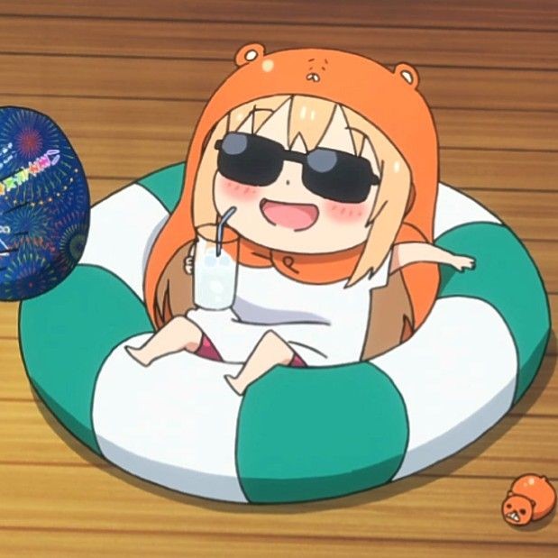The image shows an anime character (Umaru-chan from *Himouto! Umaru-chan*) relaxing in a green-and-white inner tube while wearing sunglasses, an orange bear hoodie, and sipping a drink, with a small hamster nearby. The "tokenize everything ~" caption playfully suggests breaking down this wholesome, summery scene into discrete data tokens — capturing each element (hoodie, sunglasses, drink, floatie, hamster) as a separate unit for an AI to process.