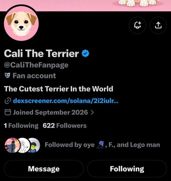 A Twitter profile screenshot for 'Cali The Terrier' (@CaliTheFanpage), a verified fan account described as 'The Cutest Terrier In the World' with a dexscreener link, 622 followers, and 1 following.