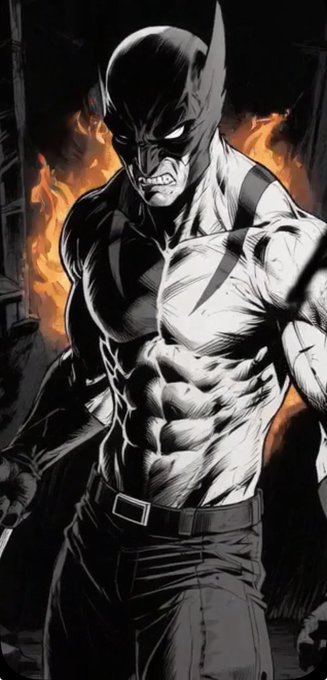 A black and white comic-style illustration of a muscular Batman with glowing white eyes and an angry expression, set against a fiery orange background.
