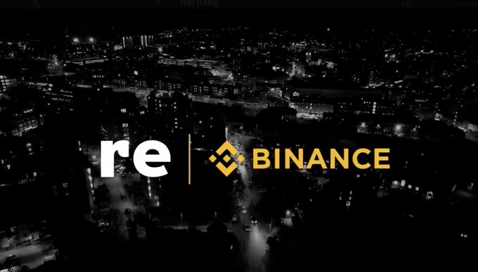 Black and white aerial nighttime cityscape overlaid with the 're | BINANCE' logo, suggesting a partnership announcement.
