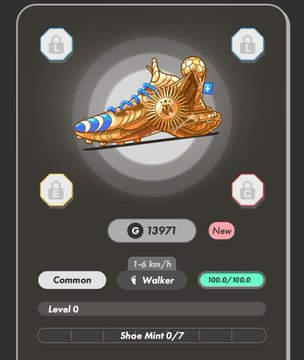 A screenshot of a fitness app displaying an animated golden shoe with wings, a point total of 13971, and tags like 'Common', 'Walker', and 'Level 0'.